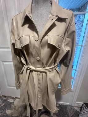 Addition Elle Cream Faux-Leather Belted Trench like Coat